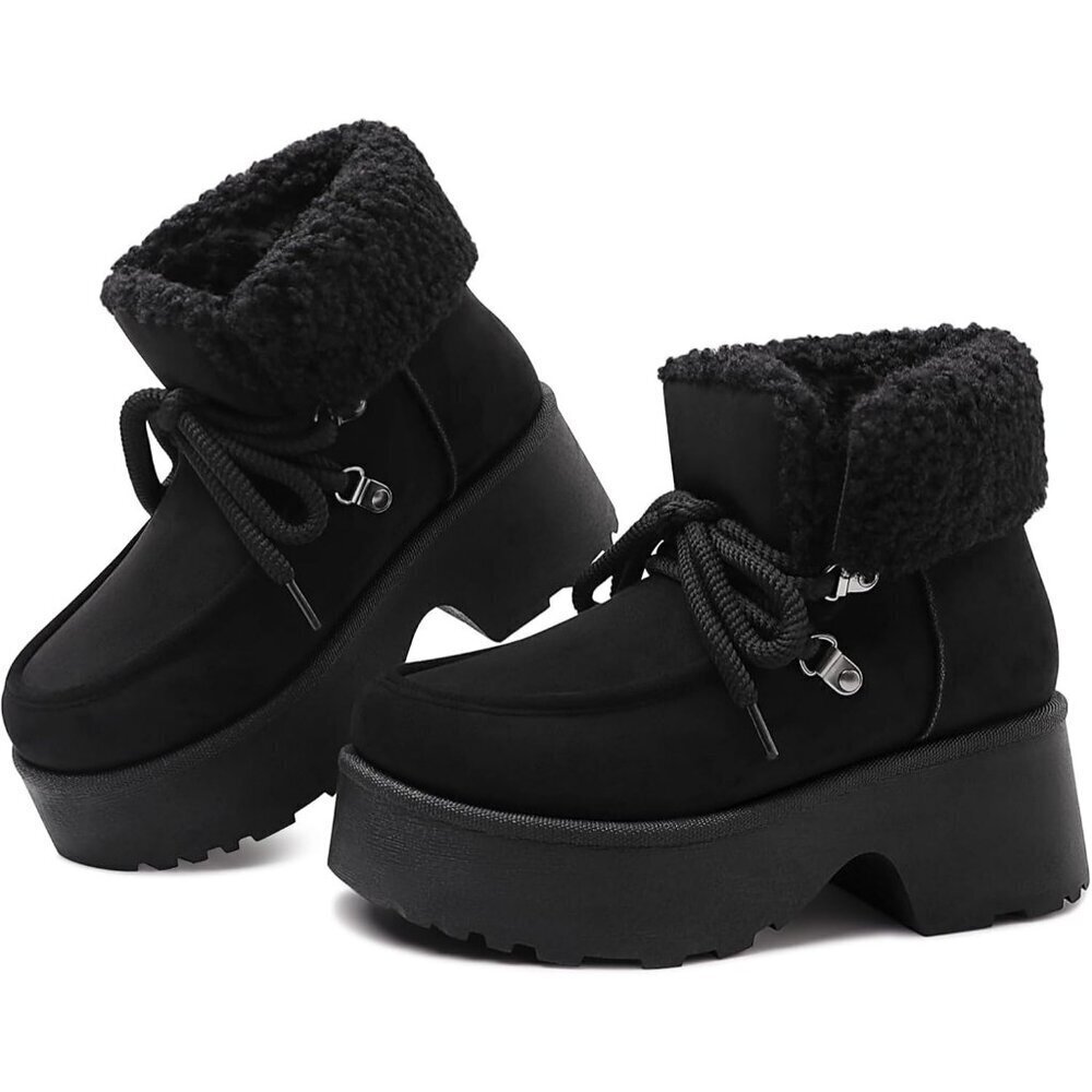 Women's Black Platform Lace Up Snow Boots with Zipper & Chunky Heels